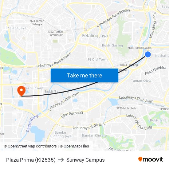 Plaza Prima (Kl2535) to Sunway Campus map