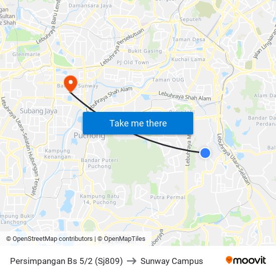 Persimpangan Bs 5/2 (Sj809) to Sunway Campus map