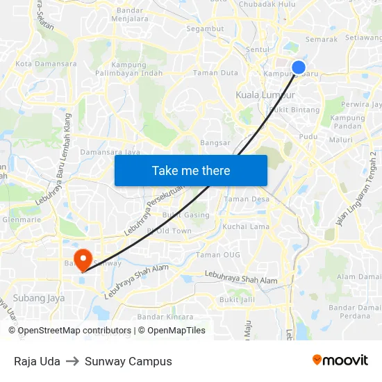 Raja Uda to Sunway Campus map