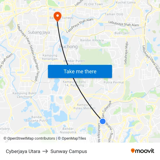 Cyberjaya Utara to Sunway Campus map