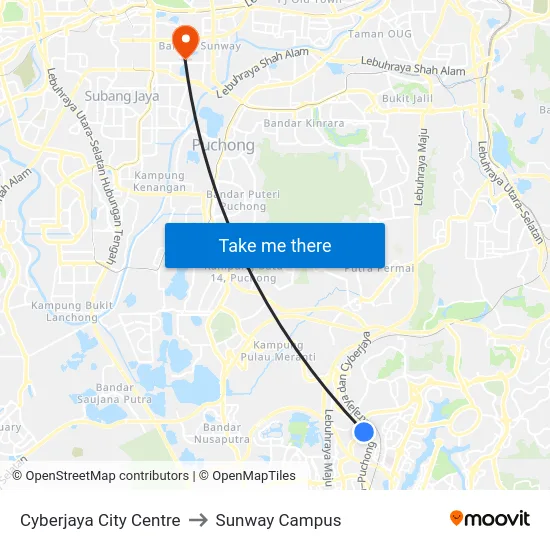 Cyberjaya City Centre to Sunway Campus map