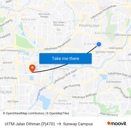 UITM Jalan Othman (Pj470) to Sunway Campus map