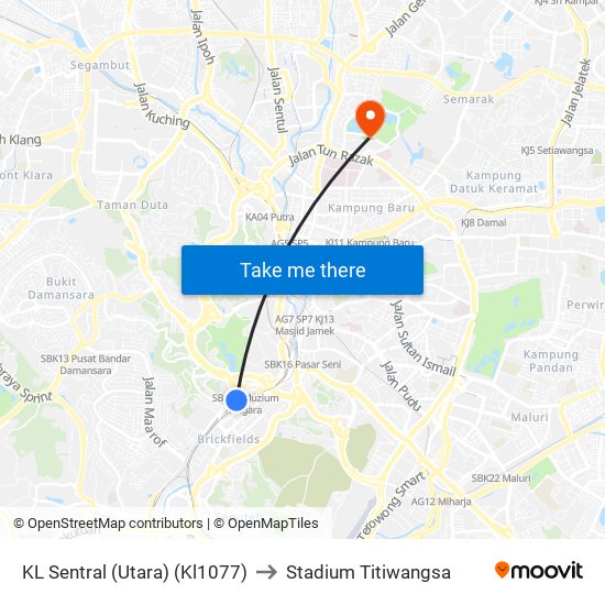 KL Sentral (Utara) (Kl1077) to Stadium Titiwangsa map