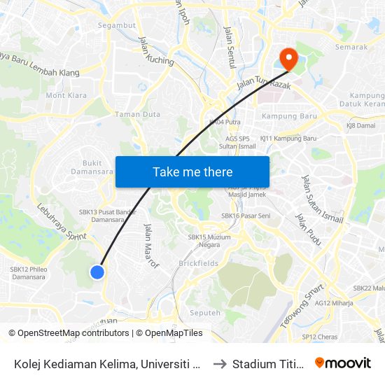 Kolej Kediaman Kelima, Universiti Malaya (Kl2343) to Stadium Titiwangsa map