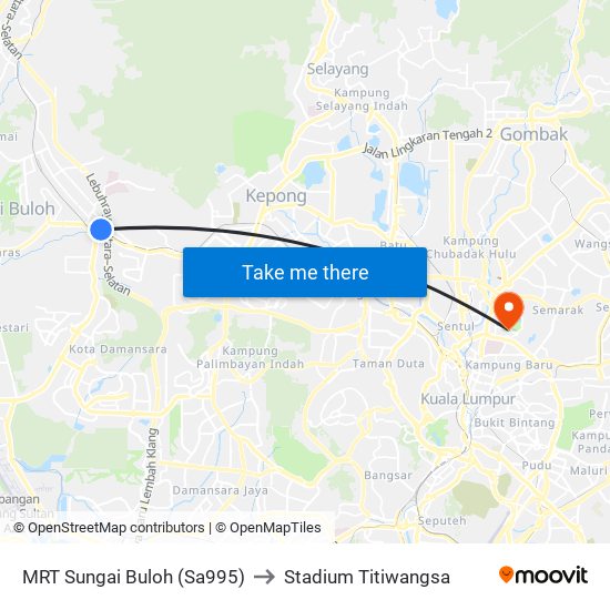 MRT Sungai Buloh (Sa995) to Stadium Titiwangsa map