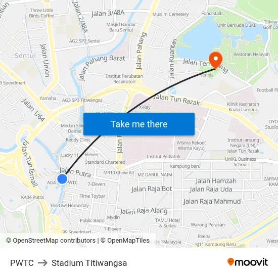 PWTC to Stadium Titiwangsa map
