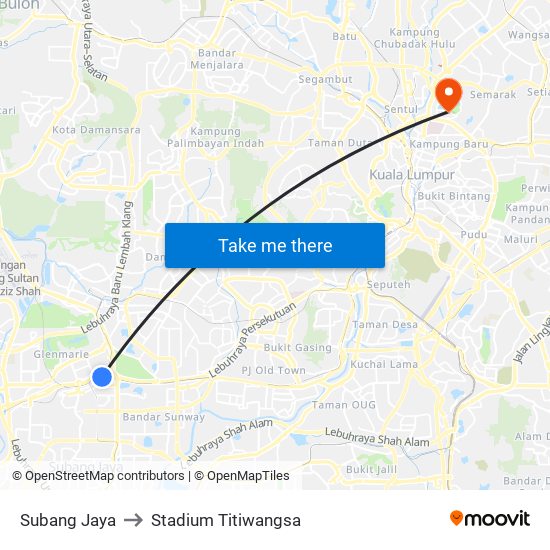 Subang Jaya to Stadium Titiwangsa map