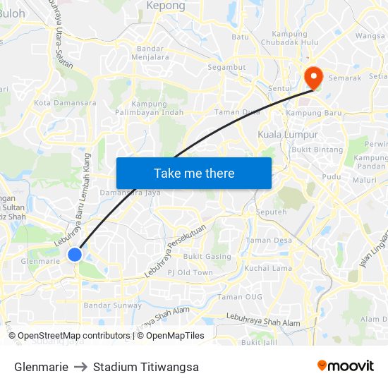 Glenmarie to Stadium Titiwangsa map