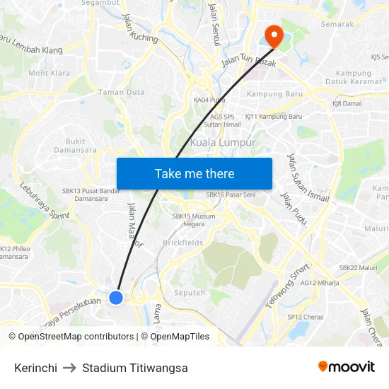 Kerinchi to Stadium Titiwangsa map