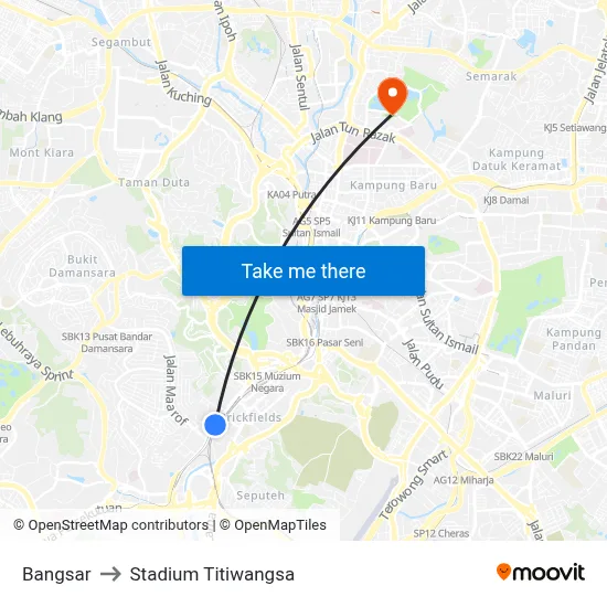 Bangsar to Stadium Titiwangsa map