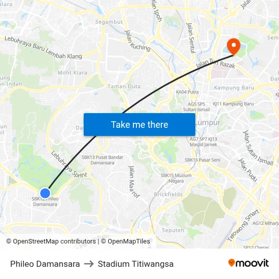 Phileo Damansara to Stadium Titiwangsa map