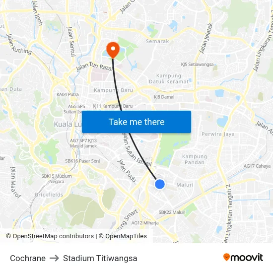 Cochrane to Stadium Titiwangsa map