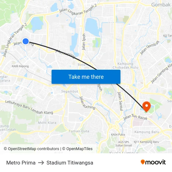 Metro Prima to Stadium Titiwangsa map