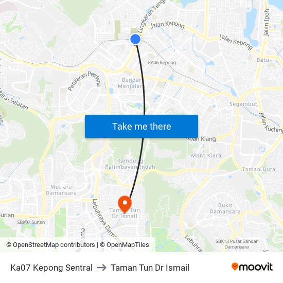 Ka07 Kepong Sentral to Taman Tun Dr Ismail map