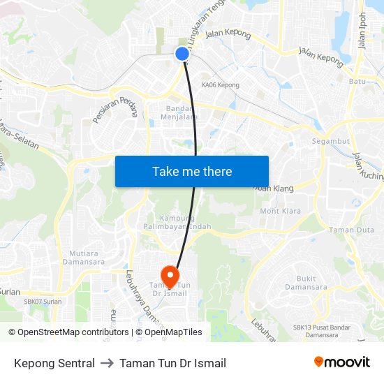 Kepong Sentral to Taman Tun Dr Ismail map