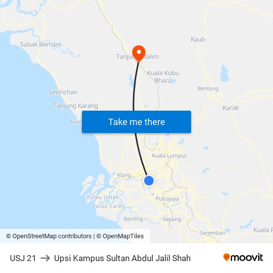 USJ 21 to Upsi Kampus Sultan Abdul Jalil Shah map
