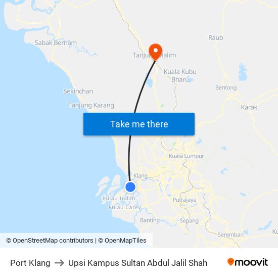 Port Klang to Upsi Kampus Sultan Abdul Jalil Shah map