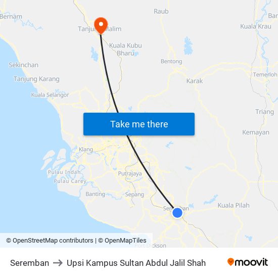 Seremban to Upsi Kampus Sultan Abdul Jalil Shah map