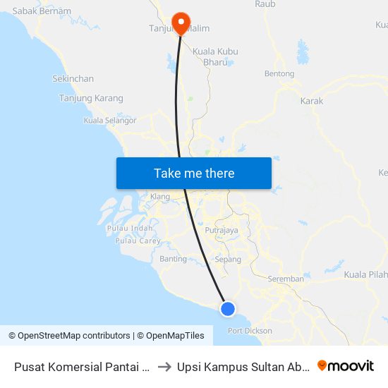 Pusat Komersial Pantai Sepang Putra to Upsi Kampus Sultan Abdul Jalil Shah map
