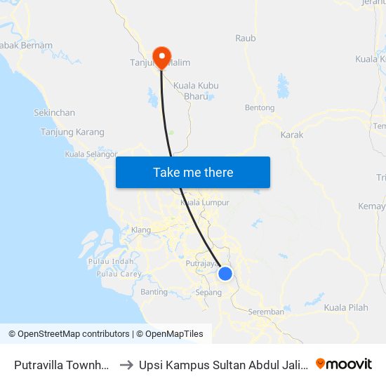 Putravilla Townhouse to Upsi Kampus Sultan Abdul Jalil Shah map