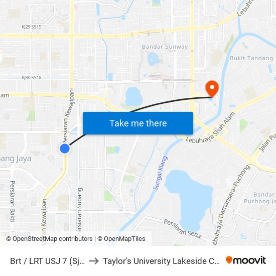 Brt / LRT USJ 7 (Sj692) to Taylor's University Lakeside Campus map