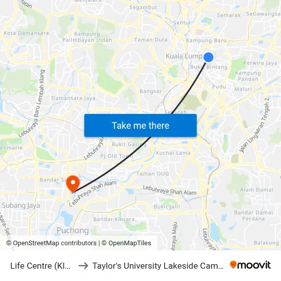 Life Centre (Kl81) to Taylor's University Lakeside Campus map