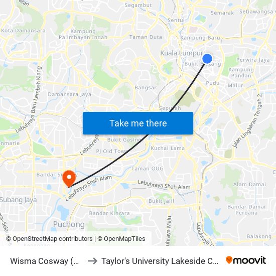 Wisma Cosway (Kl83) to Taylor's University Lakeside Campus map