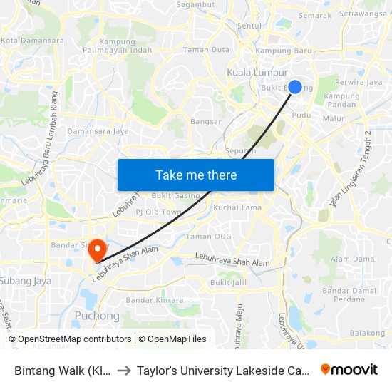 Bintang Walk (Kl85) to Taylor's University Lakeside Campus map
