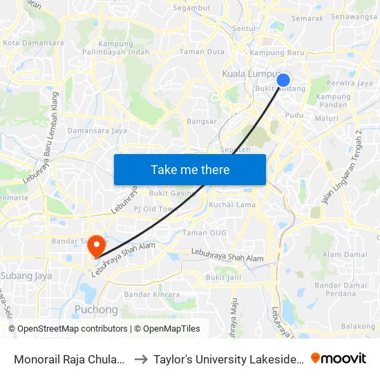 Monorail Raja Chulan (Kl22) to Taylor's University Lakeside Campus map