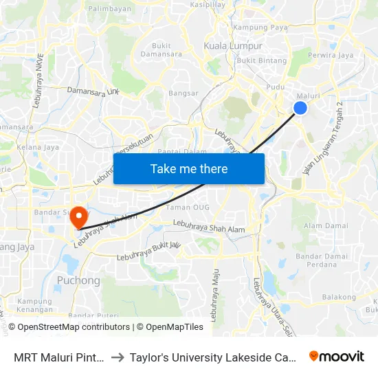 MRT Maluri Pintu B to Taylor's University Lakeside Campus map