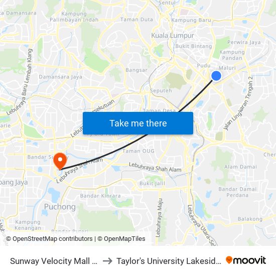 Sunway Velocity Mall (Kl2208) to Taylor's University Lakeside Campus map