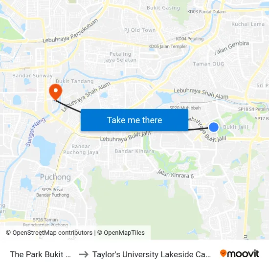 The Park Bukit Jalil to Taylor's University Lakeside Campus map