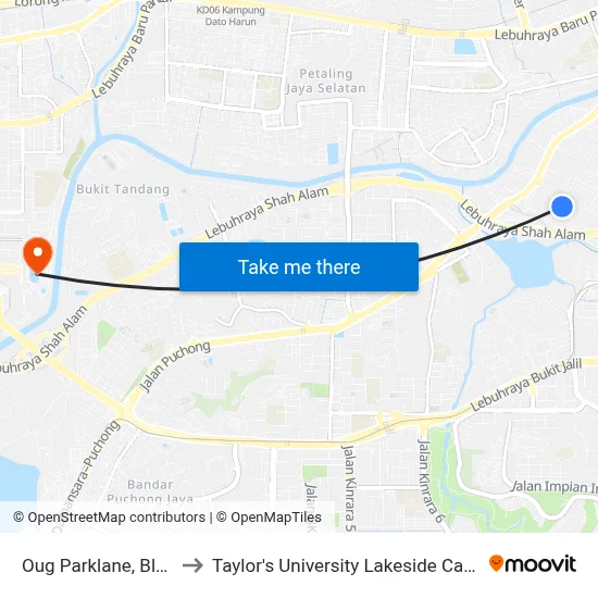 Oug Parklane, Blok E to Taylor's University Lakeside Campus map