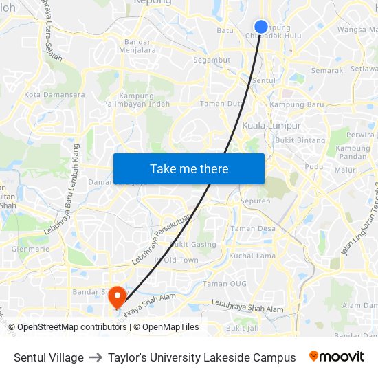 Sentul Village to Taylor's University Lakeside Campus map