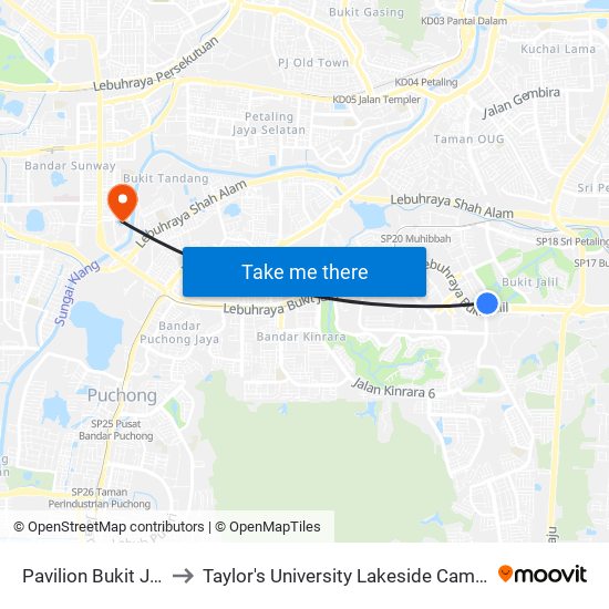Pavilion Bukit Jalil to Taylor's University Lakeside Campus map