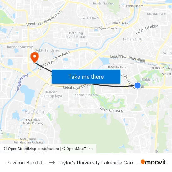 Pavilion Bukit Jalil to Taylor's University Lakeside Campus map