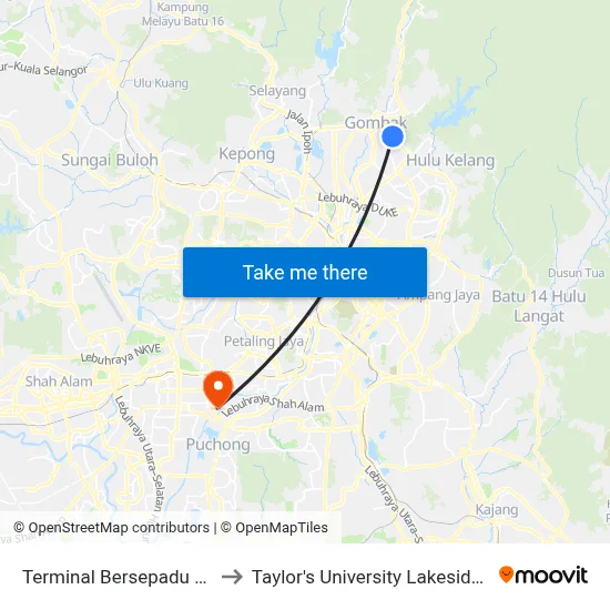 Terminal Bersepadu Gombak to Taylor's University Lakeside Campus map