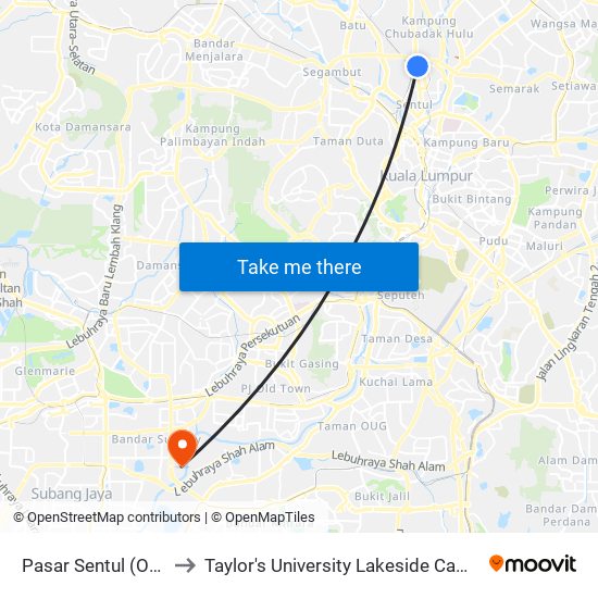 Pasar Sentul (Opp) to Taylor's University Lakeside Campus map
