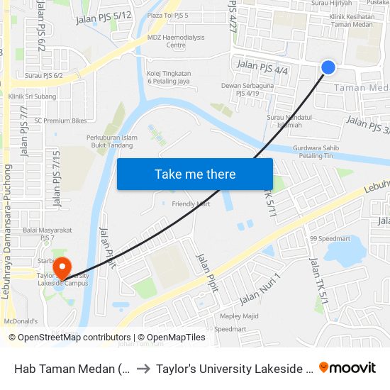 Hab Taman Medan (Pj137) to Taylor's University Lakeside Campus map