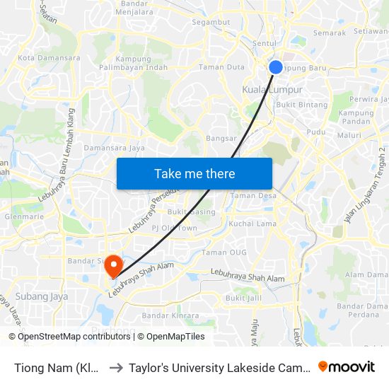 Tiong Nam (Kl42) to Taylor's University Lakeside Campus map
