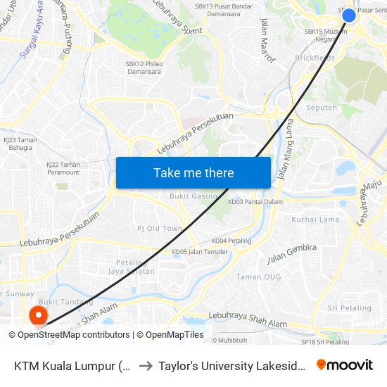 KTM Kuala Lumpur (Kl1093) to Taylor's University Lakeside Campus map