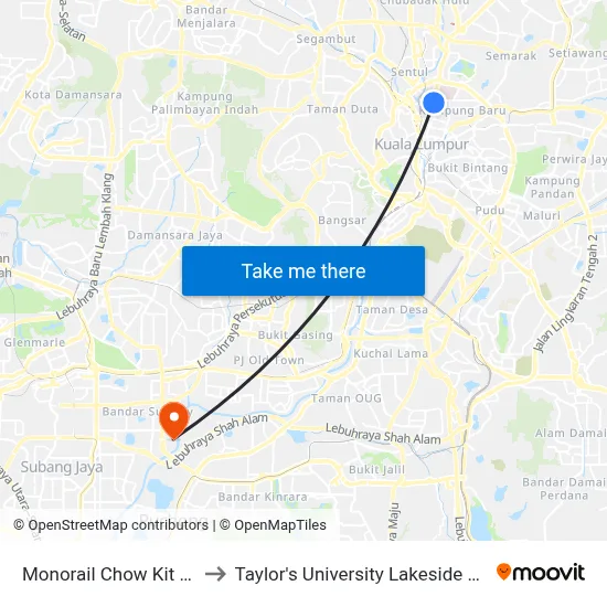 Monorail Chow Kit (Kl68) to Taylor's University Lakeside Campus map