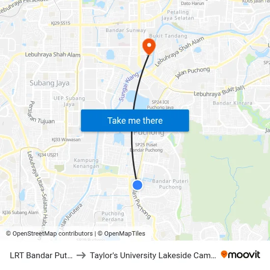 LRT Bandar Puteri to Taylor's University Lakeside Campus map