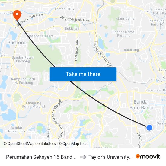 Perumahan Seksyen 16 Bandar Baru Bangi (Utara) (Kj514) to Taylor's University Lakeside Campus map