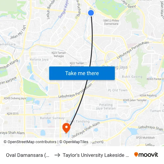 Oval Damansara (Pj621) to Taylor's University Lakeside Campus map