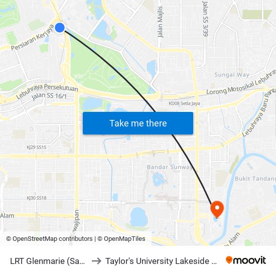 LRT Glenmarie (Sa1069) to Taylor's University Lakeside Campus map