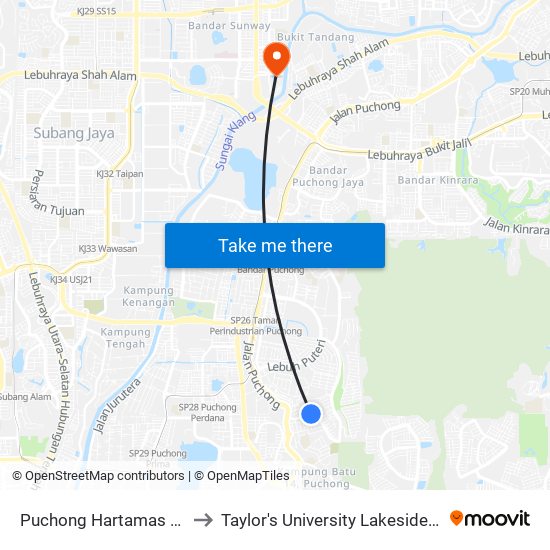 Puchong Hartamas (Sj706) to Taylor's University Lakeside Campus map