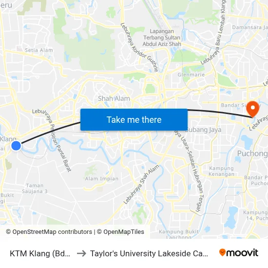 KTM Klang (Bd28) to Taylor's University Lakeside Campus map