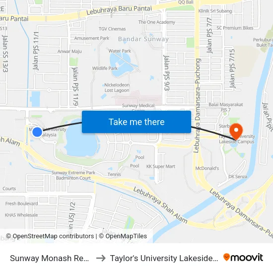 Sunway Monash Residence to Taylor's University Lakeside Campus map