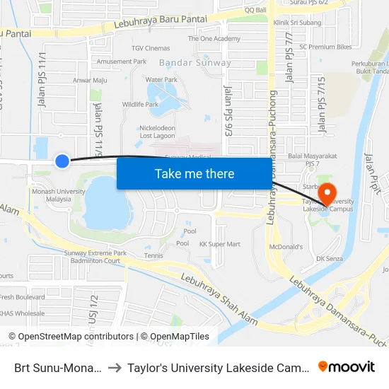 Brt Sunu-Monash to Taylor's University Lakeside Campus map